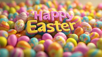 A colorful pile of Easter eggs with the words Happy Easter written in yellow. The eggs are arranged in a way that they look like they are scattered on the ground, creating a festive photo