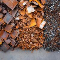 Recycle metal recovery concept. Industrial scrap metal pile with various textures and colors. photo