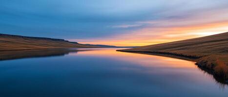 Burnout recovery mental concept. Serene river landscape at sunset with vibrant colors and reflections. photo