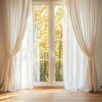 Burnout recovery mental concept. Bright room with sheer curtains and autumn view through large windows. photo