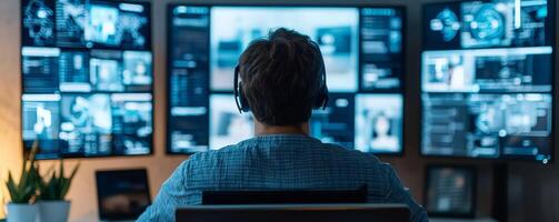Future lifestyle virtual connected concept. Person monitoring multiple screens in a dark tech environment. photo