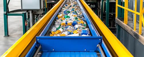Recycle reduction sorting concept. Conveyor belt with recycling materials in a processing facility. photo