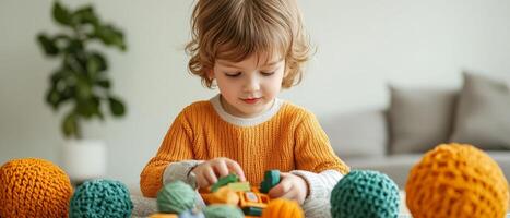 Recycle sustainability recovery concept. Child playing with colorful toys in a cozy indoor setting. photo