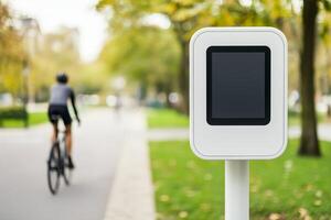 Future consumer sustainability concept. Cyclist near a digital kiosk in a park setting with trees. photo