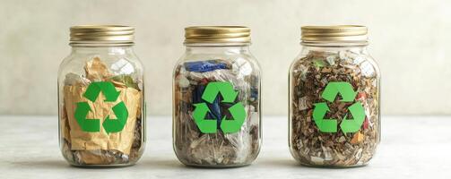 Recycle reduction sorting concept. Recycling jars with green symbols for waste management and sustainability. photo