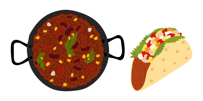Chili con carne cast iron pan and Taco meat filling with greens and vegetables Mexican cuisine Set 2. Isolated illustration Thematic or menu card, Sticker Icon or web promo banner, leaflet, tag
