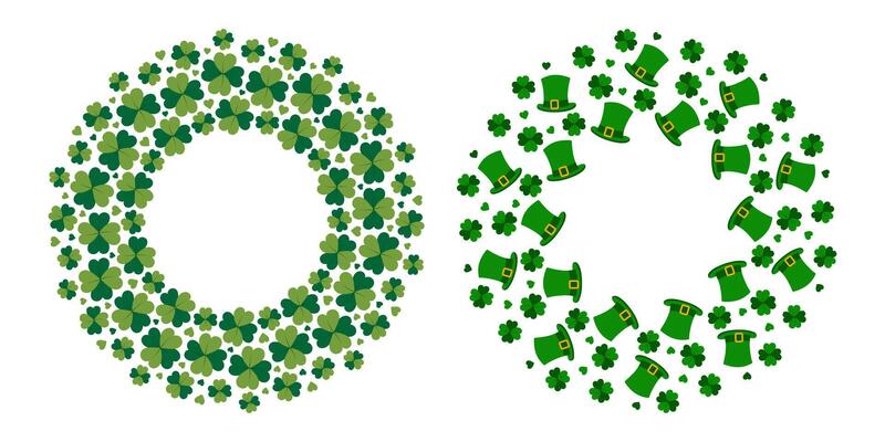 Quatrefoil, decorative hearts and Leprechaun hat Circular Frames. St Patrick Day Copy space Template. Set 2 Isolated illustration Thematic or Greeting cards, price, label or web promo, leaflets