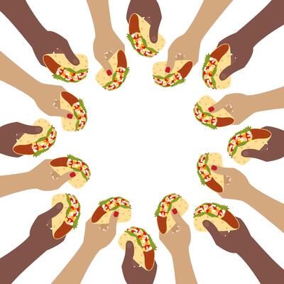 Womens and mens hands different nationalities holding taco Circular Frame border Copy space Template. Isolated illustration Traditional Mexican cuisine or menu cards, web promo leaflets, price