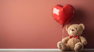 Teddy bear with heart shaped balloon on wall photo