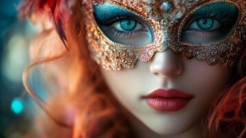 A woman with blue eyes and a mask photo