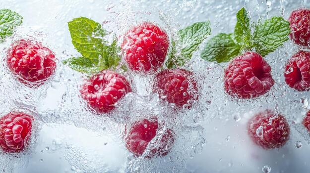 Raspberries are being sprayed with water photo