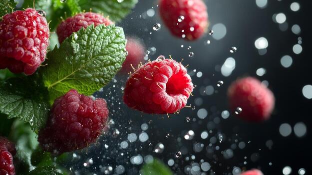 Raspberries are being sprayed with water photo