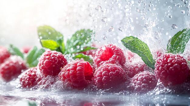 Raspberries are being sprayed with water photo