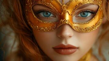 A woman with a golden mask on her face photo