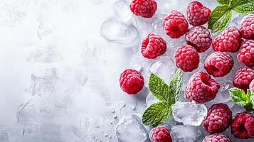 Raspberries and ice cubes on a white background photo
