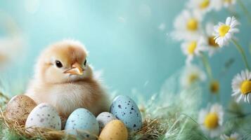 Easter chick in nest with eggs photo
