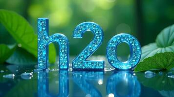 Water in nature, formula H2O - volumetric blue letters made of drops, greenery around photo