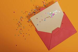 An open envelope with confetti falling out of it photo