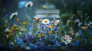 Colorful wildflowers in a glass jar surrounded by nature in a serene forest setting photo