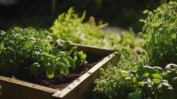 Green herbs grow in a wooden garden bed under the warm sunlight during a peaceful afternoon in a backyard photo
