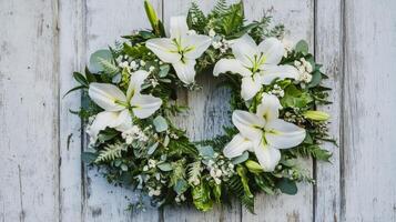 Beautiful floral wreath with white lilies and greenery against a rustic wooden background photo