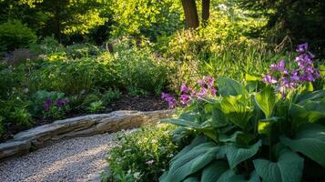 Beautiful garden pathway surrounded by vibrant flowers and greenery in morning sunlight photo