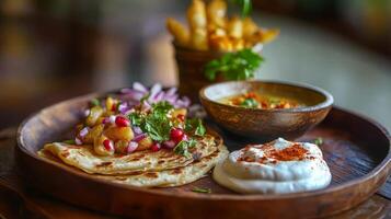 Delicious platter featuring traditional Indian cuisine with flavors and textures in a cozy dining environment photo
