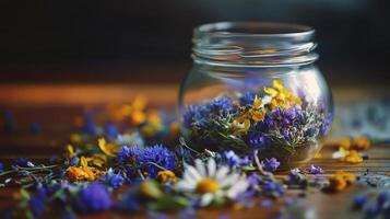 Colorful wildflowers arranged in a glass jar on a rustic wooden surface, showcasing their natural beauty and vibrant colors photo