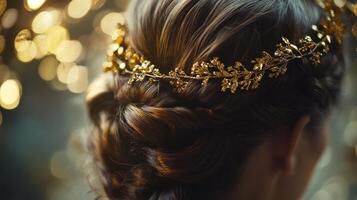 Elegant hairstyle adorned with golden floral crown captured in a soft, glowing setting photo