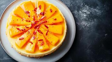 Delicious mango cheesecake topped with fresh mango slices and a hint of red chili on a dark surface photo