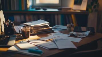 Cluttered desk with papers and laptop in warm afternoon sunlight highlighting organization struggles photo
