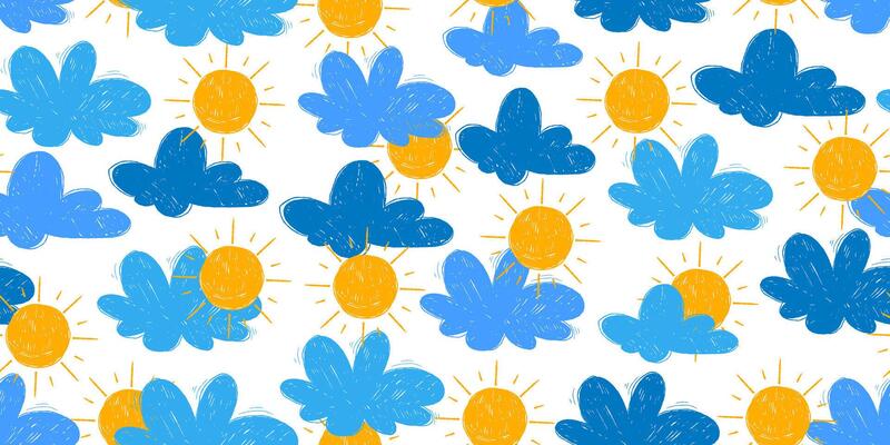 Seamless Pattern with Colorful Doodle Grunge Clouds and Sun . Retro wallpaper. Pencil naive cartoon drawings with hand drawn texture, modern background with freehand design