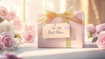 Gift box for a beloved mother surrounded by roses in soft light. Celebrating Mother's Day photo