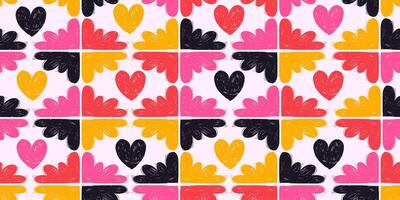 Seamless Pattern with Colorful Doodle Grunge Love Hearts and Clouds. Pencil romantic drawings with hand drawn texture, retro background vector