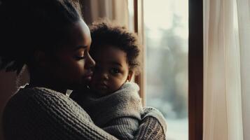 Mother lovingly embraces her child by the window in a cozy indoor setting during the afternoon photo