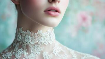 Close-up of a woman showcasing delicate lace collar with floral patterns against a soft pastel background photo