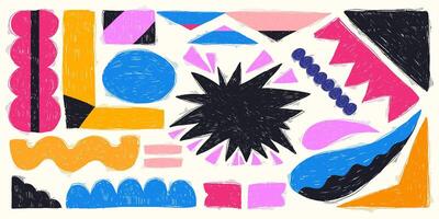 Abstract Grunge Shapes with Modern Colors, Pencil Geometric Drawings with Hand Drawn Texture. Cute and funny stickers vector