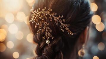 Elegant hairstyle adorned with intricate golden hair accessory showcasing a beautiful braid in a soft focus setting photo