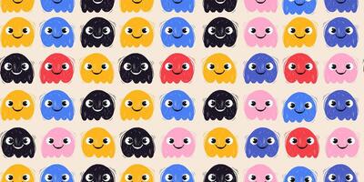 Seamless Pattern with Colorful Doodle Grunge Funny Ghosts. Retro wallpaper. Pencil naive cartoon drawings with hand drawn texture, modern background with freehand design vector