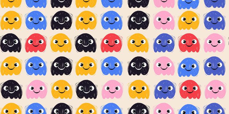 Seamless Pattern with Colorful Doodle Grunge Funny Ghosts. Retro wallpaper. Pencil naive cartoon drawings with hand drawn texture, modern background with freehand design