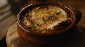 Savory French onion soup served with toasted bread in a rustic setting photo