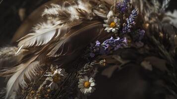 Beautiful floral crown made with feathers and wildflowers showcased in soft natural light photo
