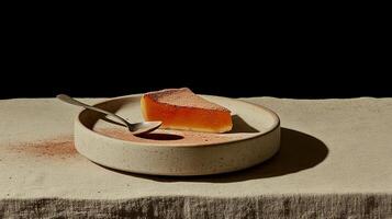 Dessert on a rustic plate featuring layered jelly with a cocoa dusting set on a textured tablecloth in low light photo