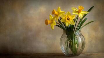 Bright yellow daffodils arranged in a clear glass vase enhance a warm and inviting indoor atmosphere photo