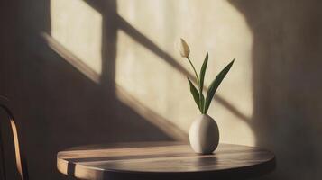 Elegant white tulip in a simple vase on a wooden table illuminated by soft afternoon light and shadow patterns photo