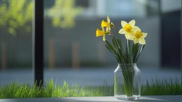 Daffodils in a glass vase near green grass on a sunny morning in a modern setting photo