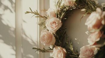 Soft pink roses adorn a natural wreath hanging in warm light with gentle shadows playing on the wall photo