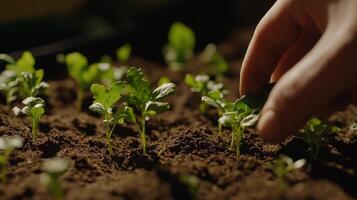 Hand planting seedlings in rich soil during a sunny afternoon in a garden photo