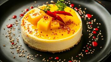 Delicious mango cheesecake topped with red chili and garnished with sesame and vibrant fruit on a black plate photo