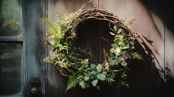 Wreath adorned with wildflowers hangs on an aged wooden door in a sunlit garden photo
